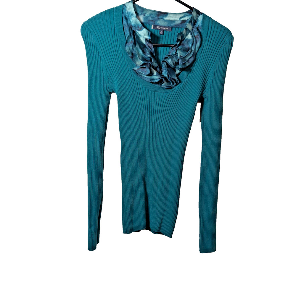 Anne Klein Sweater Women's Size Small * Aqua Teal Ruffle Pullover Ribbed Shirt
